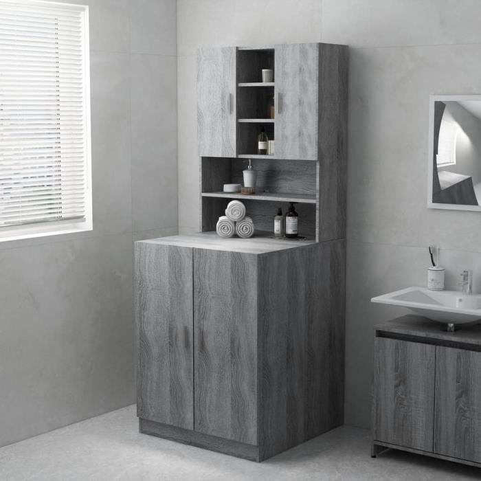 Meuble pour Machine à Laver - homiuse - Sonoma Gris - 2 Portes - Rangement Salle de Bain