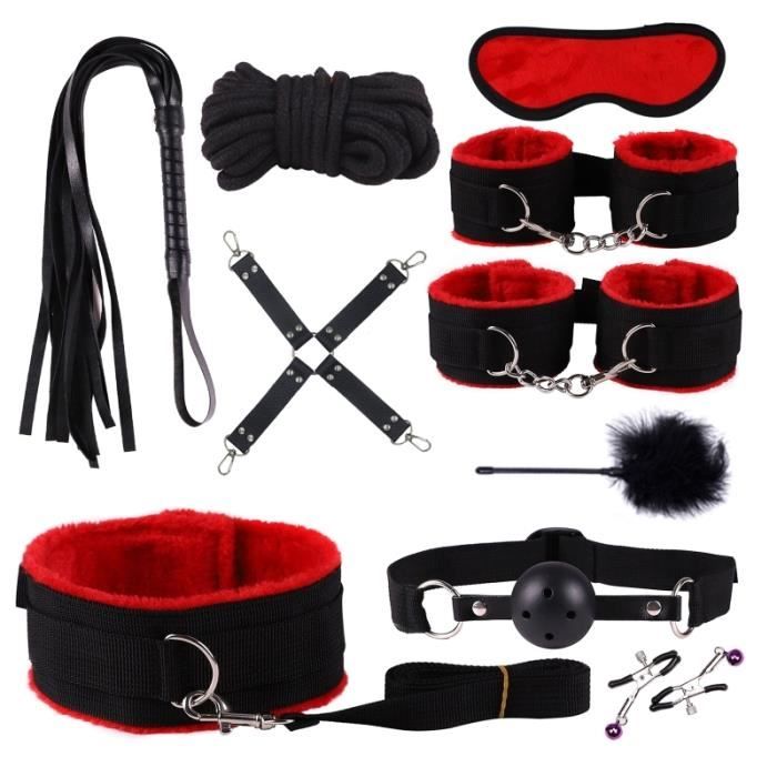 Kit BDSM avec menottes, masque, fouet, corde, pinces, collier
