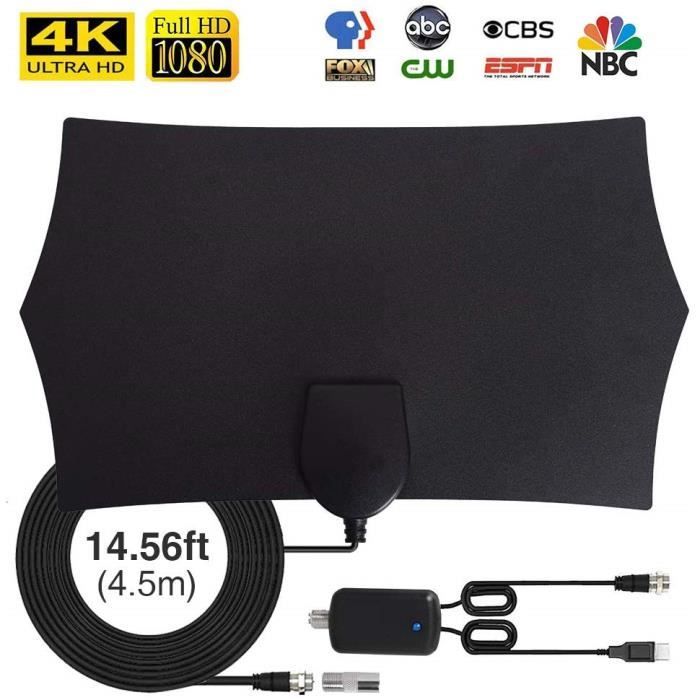 Antenne TV Interieur VHF//UHF//FM,Prise en Charge 4K 1080p et 120 Miles //200 km dautonomie Antenne TNT Int/érieure avec 4m c/âble coaxial de