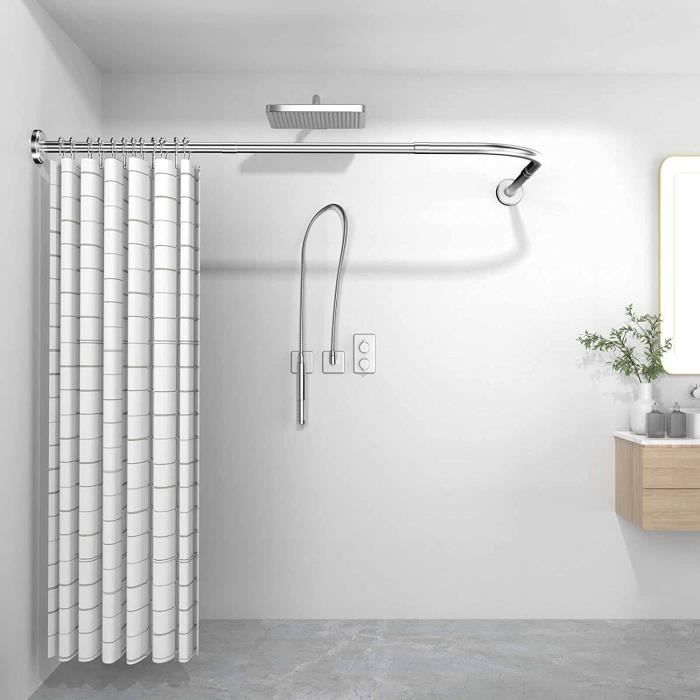 Tringle à Rideau De Douche En L - Acier Inoxydable Noir - 70-100x90-120cm - Avec 24 Anneaux