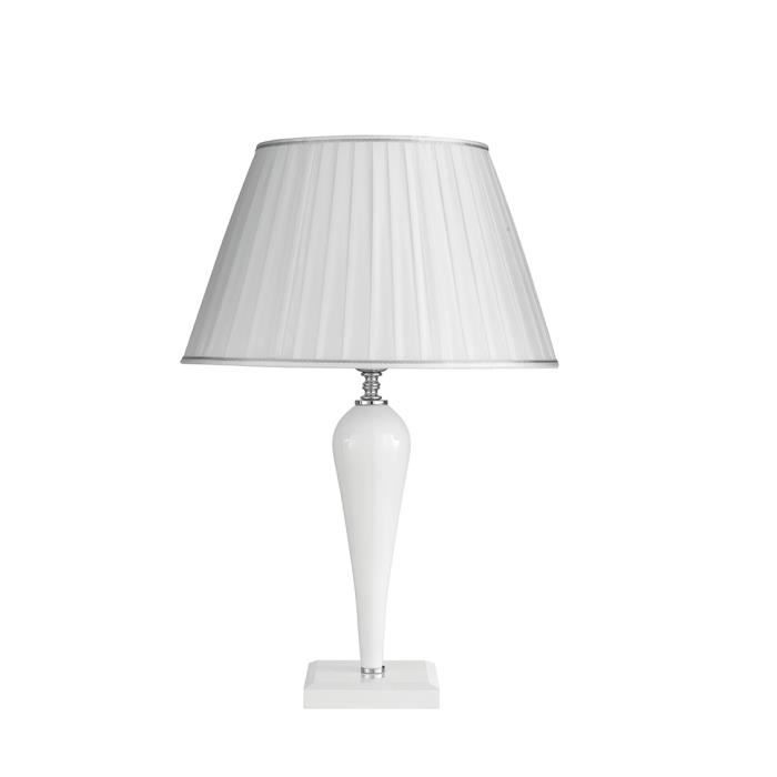 Lampe de table - RAVEL - Grande - Verre blanc fait main - Abat-jour tissu plissé - Style contemporain