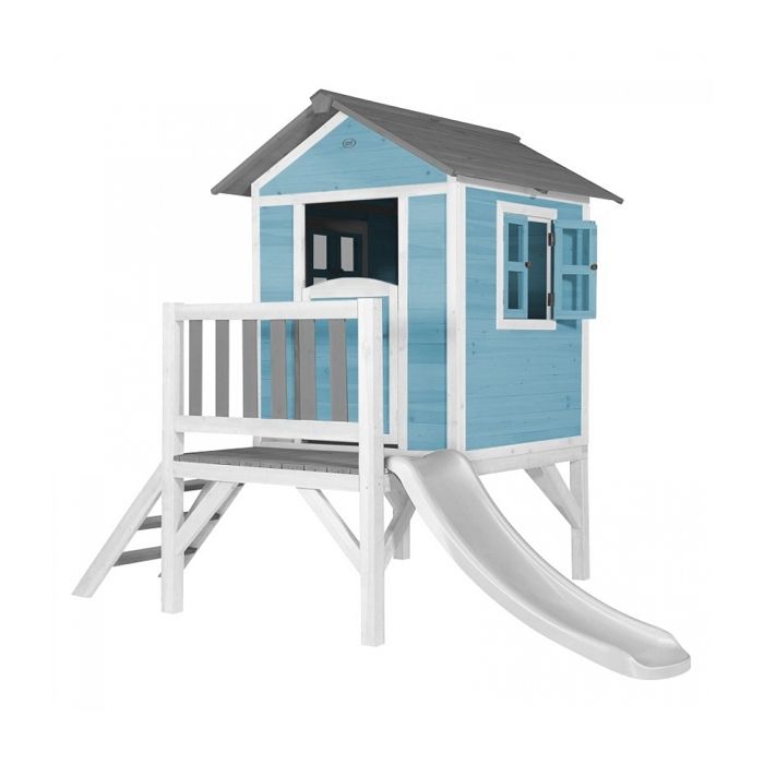 Maisonnette Lodge XL Bleue avec Toboggan Blanc - AXI - Maison de Jeux en bois pour enfants - Extérieur