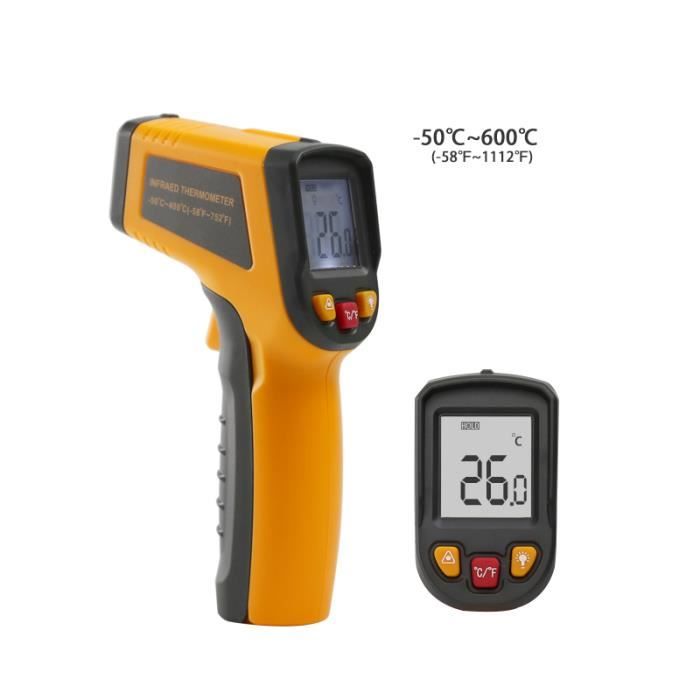 Thermomètre Infrarouge Numérique - Mesure Sans Contact -50°C à 600°C - Écran LCD Rétroéclairé - Jaune