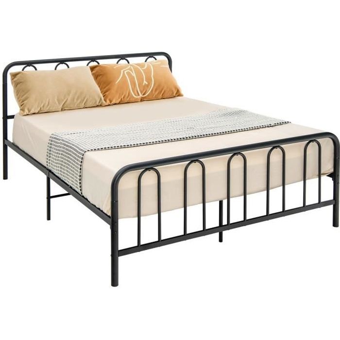 costway lit double en métal pour adulte, 160 x 200 cm, cadre de lit avec 9 pieds et tête de lit, pas besoin de sommier, sans bruit