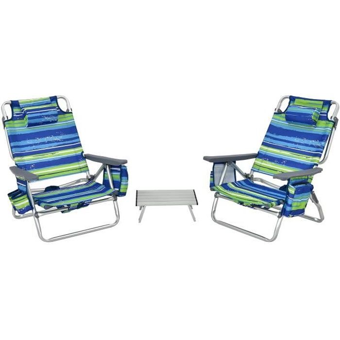 COSTWAY Ensemble 3 pcs de 2 Chaises de Camping Plage Pliante et Table Enroulable Appui-tête Dossier Réglable à 5 Positions Bleu