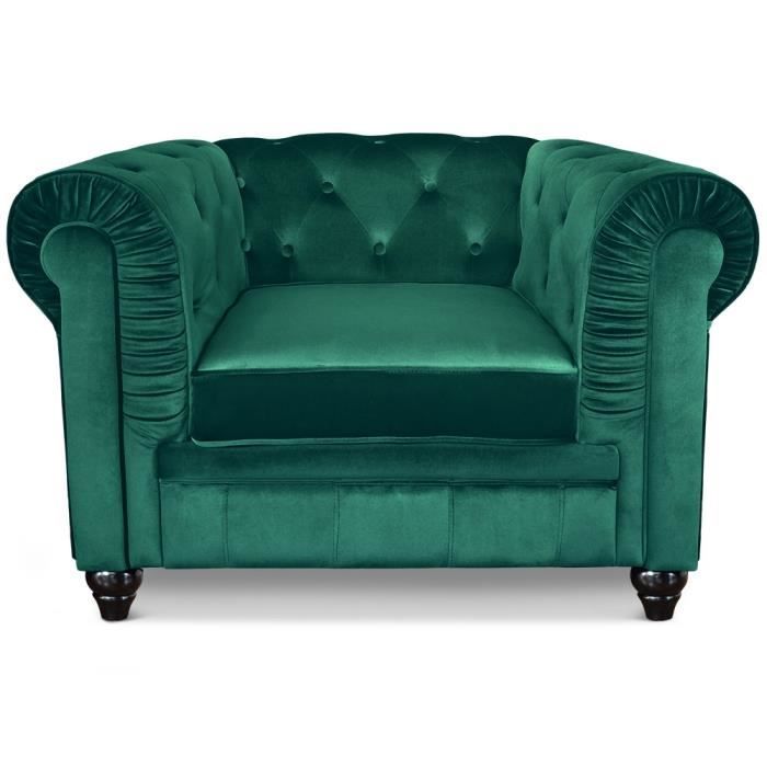 fauteuil chesterfield velours vert - menzzo - 1 place - avec accoudoirs - style classique - intemporel