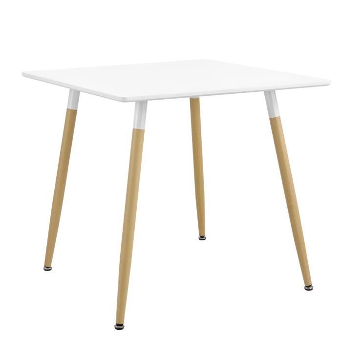 [en.casa] Table à Manger Table de Salle à Manger Table de Cuisine Bureau Carré MDF Laqué et Acier Blanc Mat et Hêtre 80 x 80 x 74cm