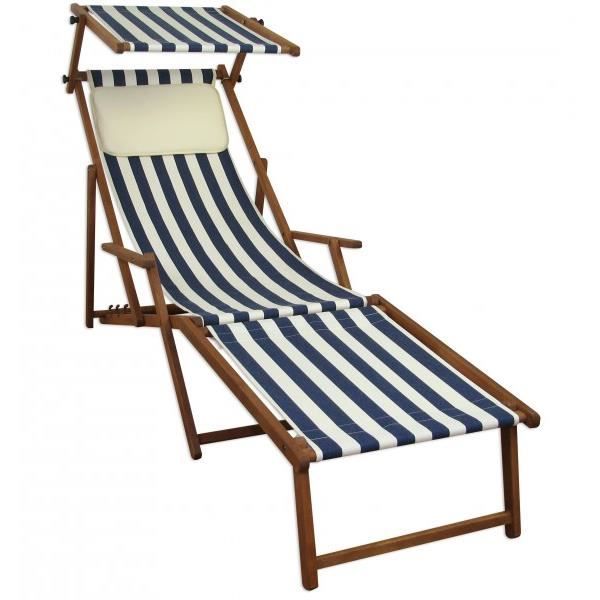 Chaise longue pliante, rayé bleu et blanc, chilienne, repose-pieds, pare-soleil, oreiller 10-317FSKH