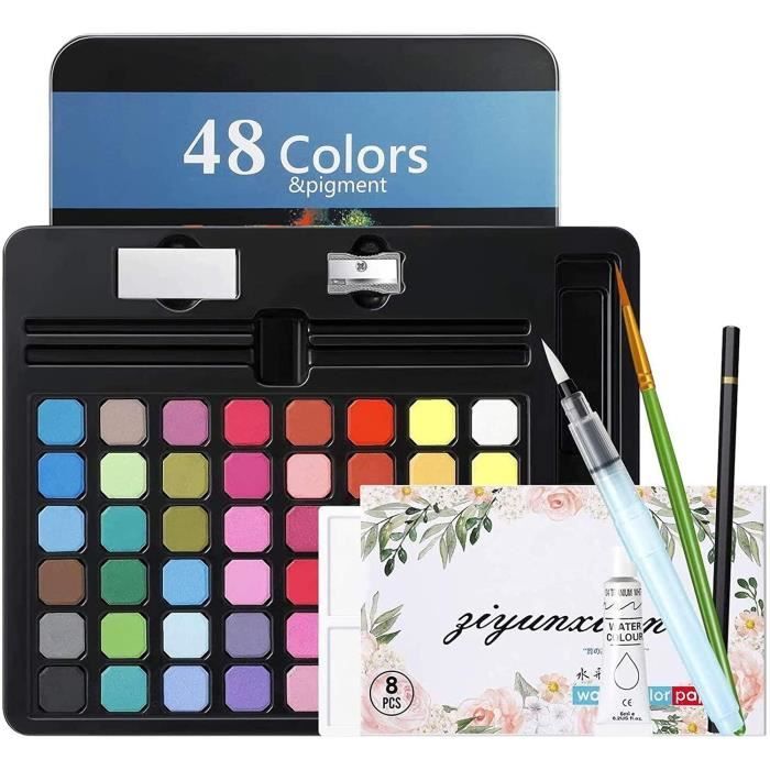 Stationery Island Aquarelle Peinture Aquarelle Set de peinture à l'aquarelle, 36 Couleurs pan + 1 Pinceau Aquatique + 1 Pinceau + Palette de mélange dans Une boîte en Fer-Blanc | Votre wishlist sur