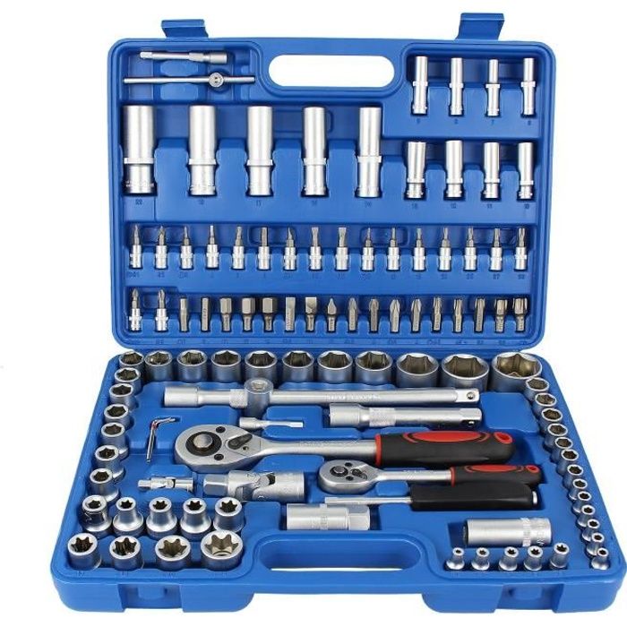 Jeu de Clés à Douille, Coffret Clé à Cliquet et Embouts, avec une mallette bleue, 108 pièces, Dimensions: 38,5 x 27 x 8,5 cm