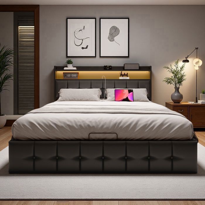 Lit Rembourré LED En PU 160x200 Avec Connexion USB Et Espace De Rangement, Lit Coffre Double Avec Sommier à Lattes,sans - Maison