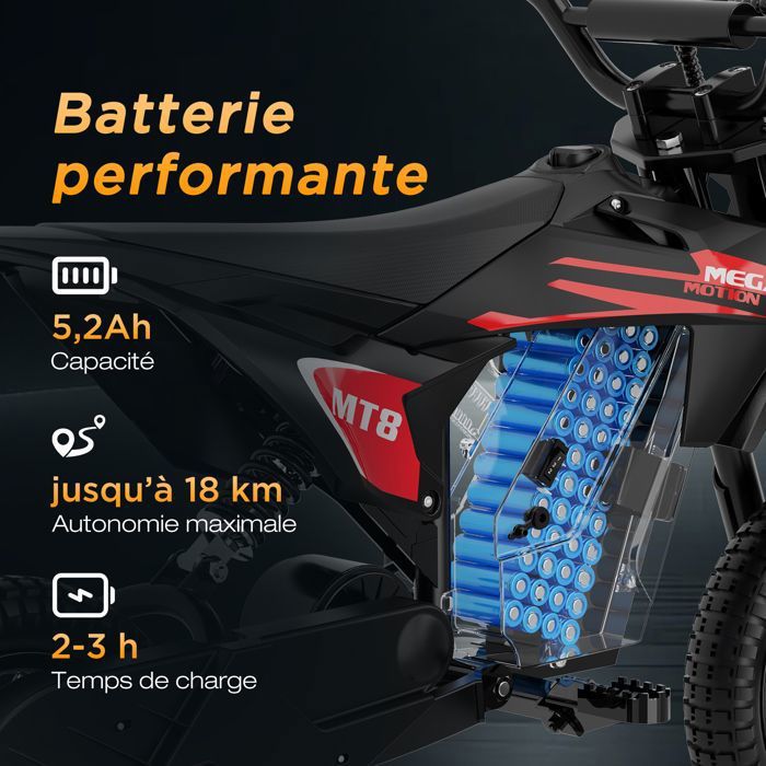 MT8 – Moto électrique Enfant 300W – 3 Vitesses Jusqu'à 25 Km/h – Autonomie 18 Km – Pneus 12 Pouces – Suspension – Frein à Tambour – Jusqu'à 60 Kg