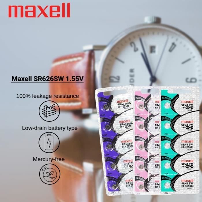 Piles plates en oxyde d'argent Maxell SR626SW 377 pour montre, lot