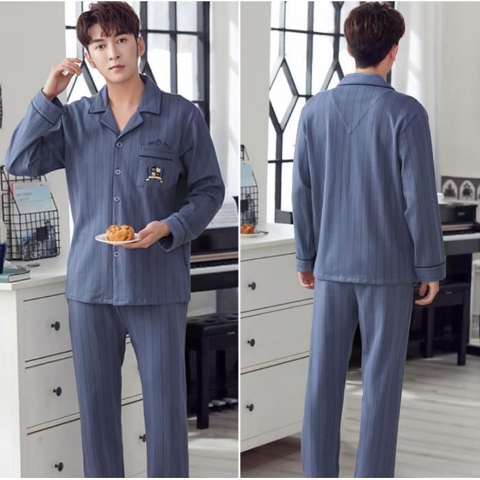 Pyjama Homme vetements de nuit en coton a manches longues ensemble de pyjama Bleu fonce Cdiscount Pret a Porter