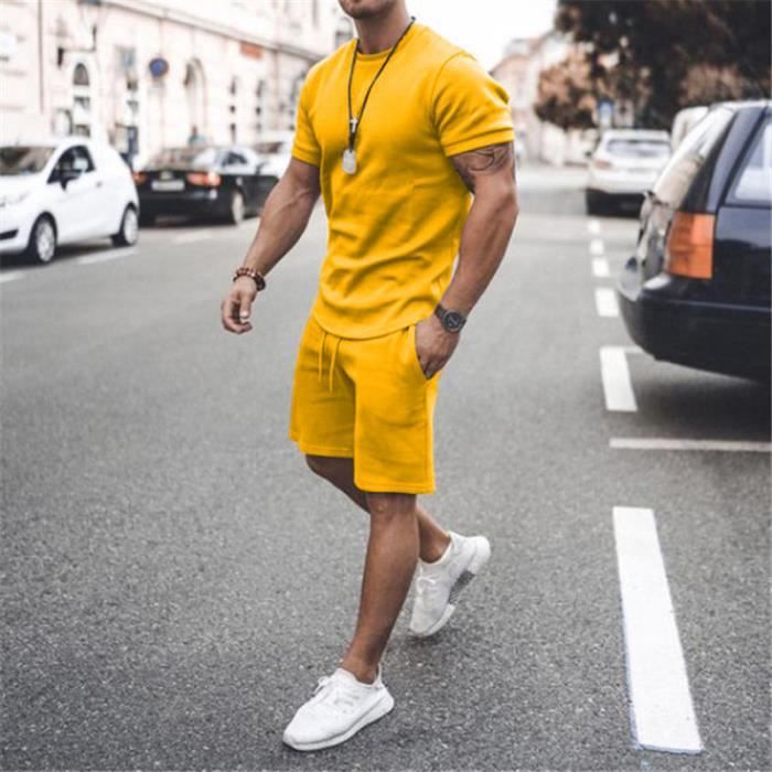 Ensemble De Survetement Homme Ete 2 Pieces T shirt Manches Courtes Short Elastique Sportswear Tenue De Sport Respirant Jaune