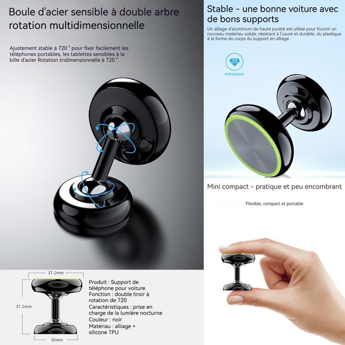 Support Téléphone Voiture Magnétique Universel 360° - Fixation Aération/bureau, Rotation Acier