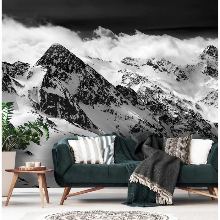 Papier Peint Intissé Panoramique Noir et blanc Montagnes 3D Effet ...