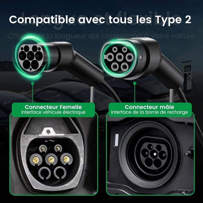 Câble De Recharge EV Type 2 Vers Type 1 - 32A, 7.2kW Max, 10 Mètres - Pour Véhicules électriques Et Hybrides