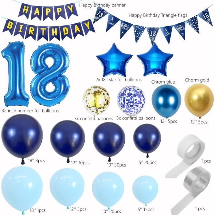 Ballons Anniversaire Déco Anniversaire 18 Ans - Bannière Guirlande Ballons - Thème Bleu Anniversaire Homme