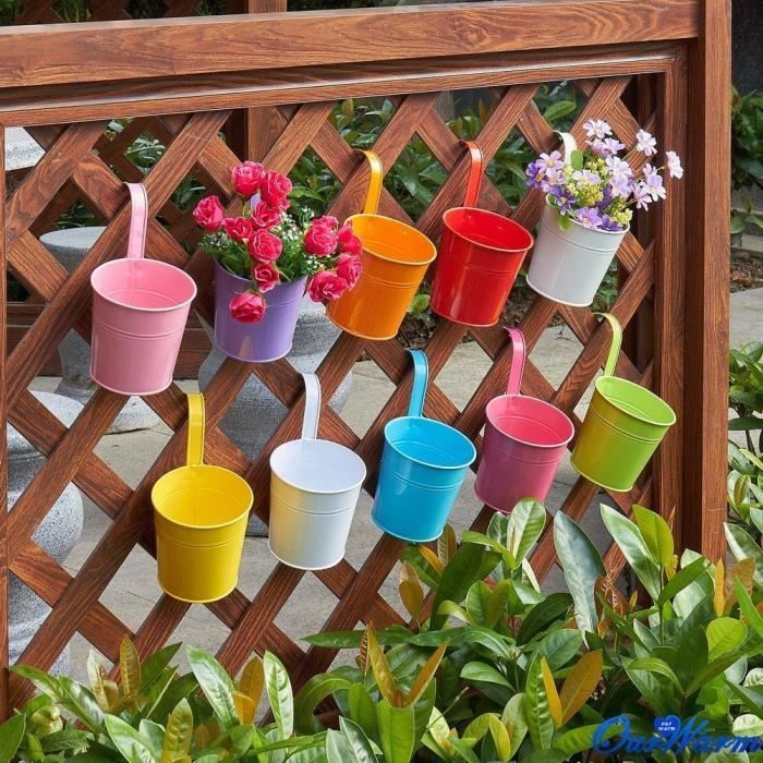 4 Pots De Fleurs Suspendus En Métal 27.5cm - Avec Crochets Amovibles - Pour Balcon, Jardin - 4 Couleurs