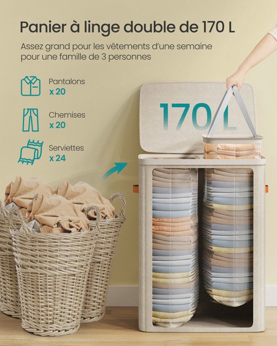 Panier à Linge Double SONGMICS Avec Couvercle - 90L, 2 Sacs Amovibles + 6 Filets, Rotin Synthétique, 33x45x60 Cm - 4