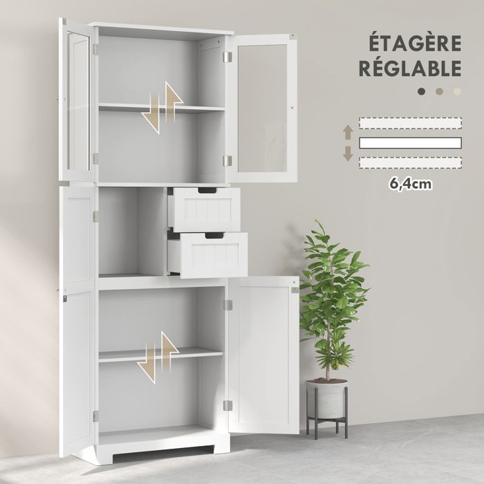 HOMCOM Armoire Colonne de Salle de Bain avec 3 placards avec 2 Portes, Armoire Polyvalente avec Portes en Verre et Volets, 60x30x170.5cm, Blanc