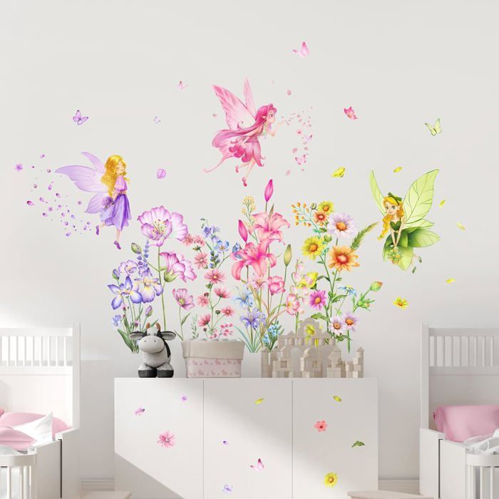 Motif Champignon Fleur Enfant Sticker Mural Amovible Chambre Fille - Motifs Fées, Papillons Et Champignons Decoration Chambre Fille