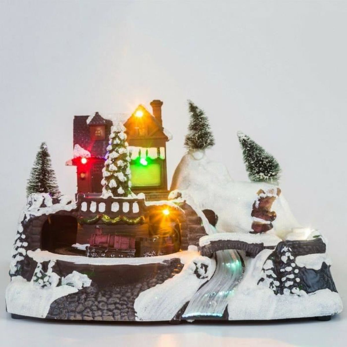 Village de Noël Animé et Lumineux Scène de Noël train de noel et père Noël tournant