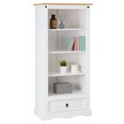 IDIMEX Bibliothèque TEQUILA étagère en bois style mexicain avec 3 tablettes et 1 tiroir, en pin massif lasuré blanc et brun