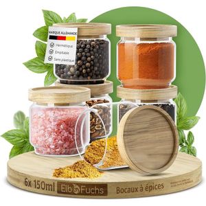 Bocaux à épices En Verre 6x 150 Ml Avec Couvercle En Bois - Hermétiques, Sans BPA, Empilables, Pour Herbes Et Condiments