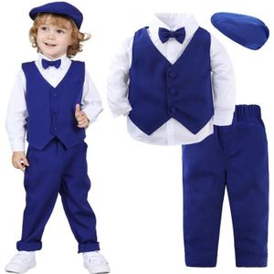 COSTUME - TAILLEUR Costume Mariage Enfant Garçons 4pcs Vêtements Ceremonie Fete Tenue Manches Longues Avec un Chapeau Marin 12 Mois à 4 Ans