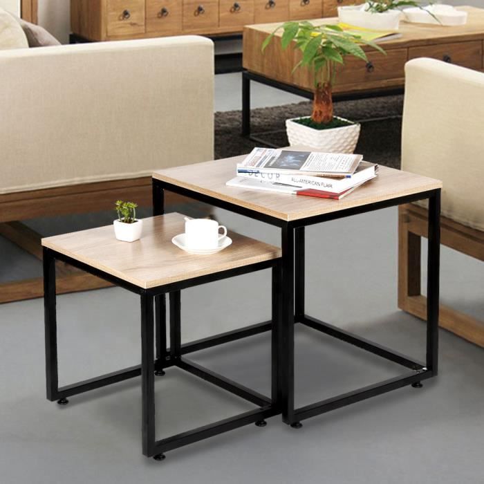 Table Basse Design Industriel Bois et métal Lot de 2 Tables
