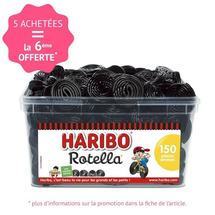 Boite de 150 Rotella de la marque Haribo. Promotion HARIBO Achetez 5 boîtes de votre choix la 6ème est gratuite !! Pour