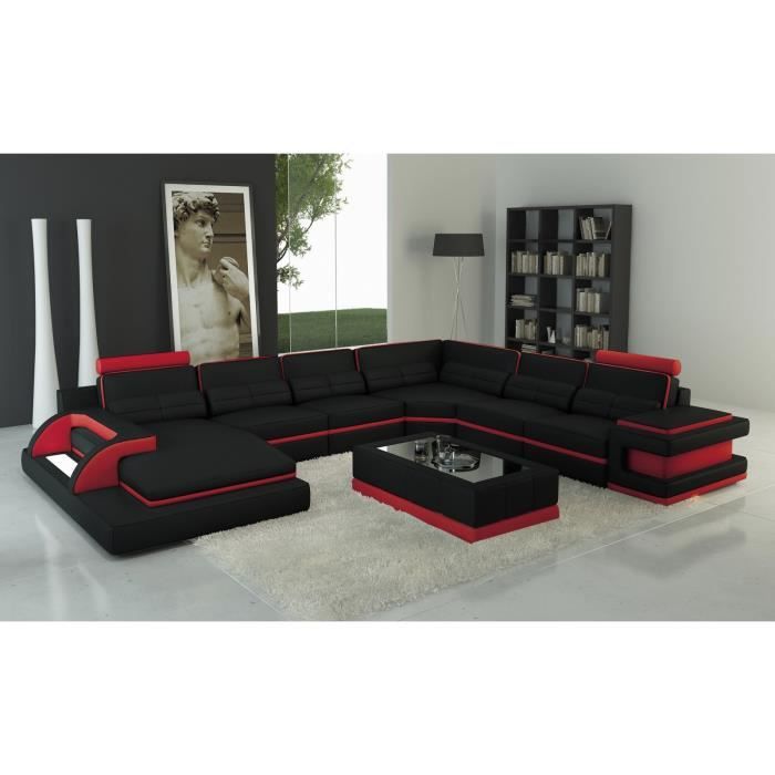 RANNA PANORAMIQUE - Canapé d'angle panoramique design en cuir noir et rouge avec lumière intégrée