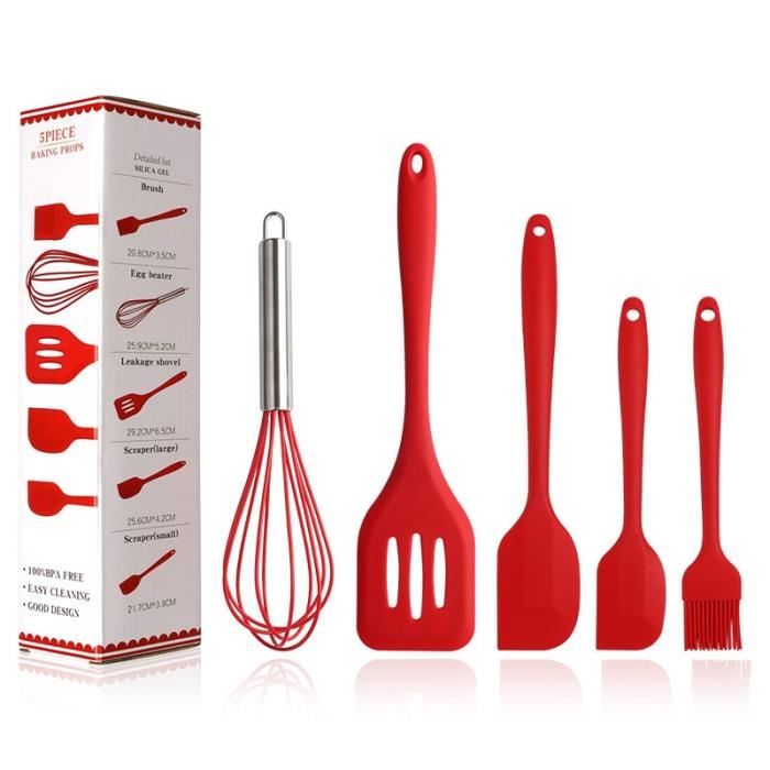 Lot Ustensiles,Ustensiles de cuisine en Silicone, 5 pièces, spatule à fouet, brosse de pâtisserie, tourneur à fentes- Type Rouge