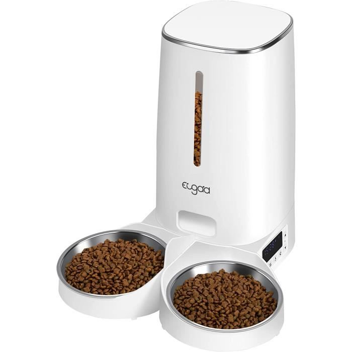 EUGAD Distributeur Croquettes Chat/Chien Automatique, 4L avec 2 Bols, 1-6 Repas/Jour, 6-360g/Repas, Amovibles et lavables