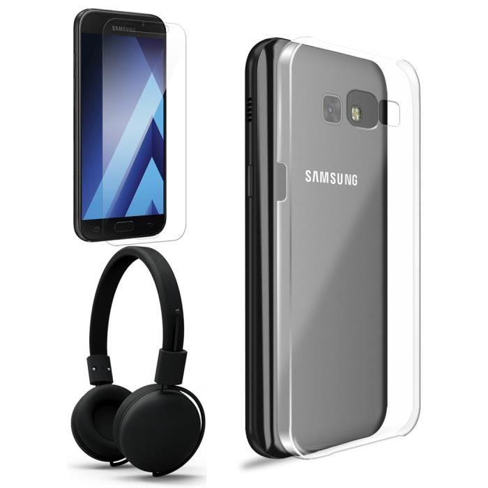 Exopack Coque De Protection + Film de protection + Casque Audio pour Galaxy A3 2017 Noir