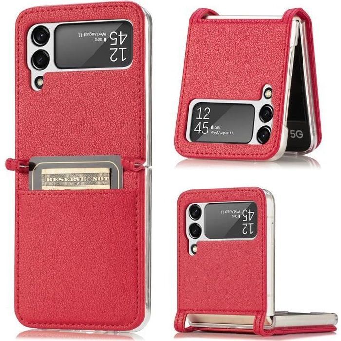 Coque Samsung Galaxy Z Flip 3 PU Cuir Fente Pour Carte Support de Téléphone-Rose Rouge