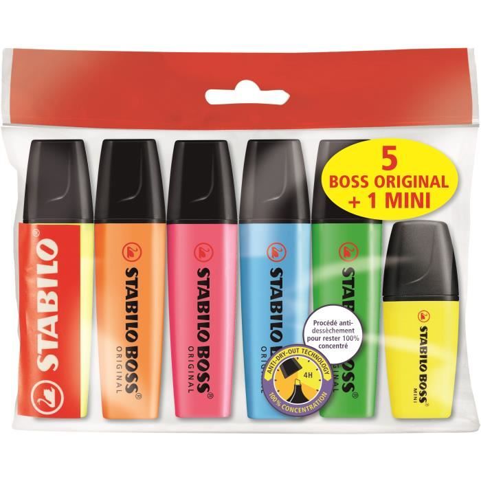 Ecopack x 5 surligneurs STABILO BOSS ORIGINAL +1 BOSS MINI INCLUS -FORMAT SPECIAL-