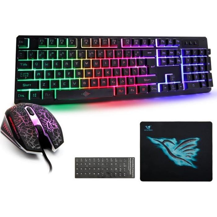 Clavier gamer AZERT et QWERT- Filaire Arc-En-Rétro-Éclairé lumineux Clavier Gaming+ 2400 DPI Optique Souris gaming + Tapis De Souris