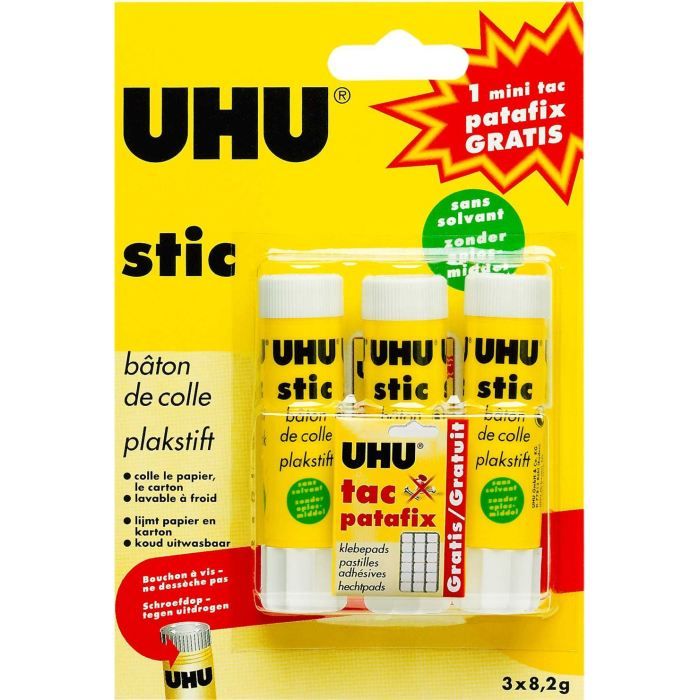 UHU Lot de 3 Stic 8.2g + échantillon de patafix