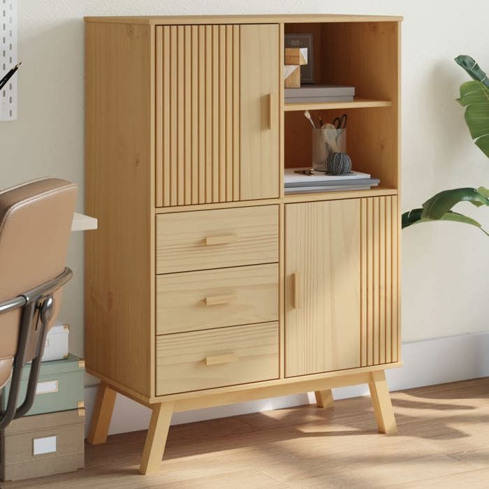 vidaXL Buffet Haut Armoire avec 3 Tiroirs et Pieds Meuble de Rangement Organisateur de Salon Moderne Marron Bois Massif 358615