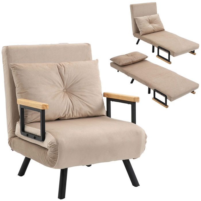 Fauteuil convertible HOMCOM 3 en 1 chauffeuse lit 1 place dossier réglable accoudoirs en bois et coussin tissu effet velours beige