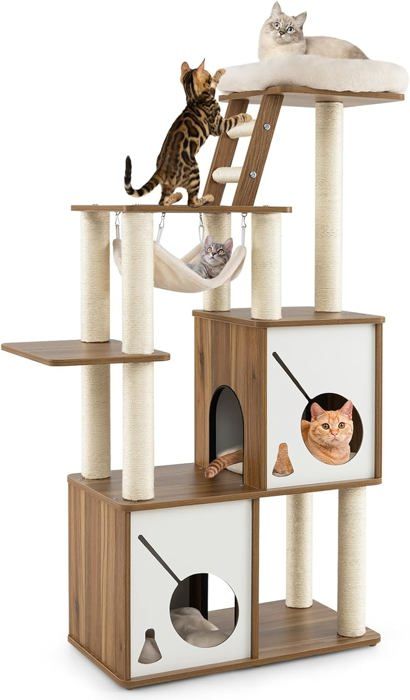 Comparer les prix de GOPLUS Arbre à Chat 145cm en Bois, Griffoirs Recouverts de Sisal, Perchoir Rembourré, 2 Condos, Hamac Suspendu, Echelle d'escalade