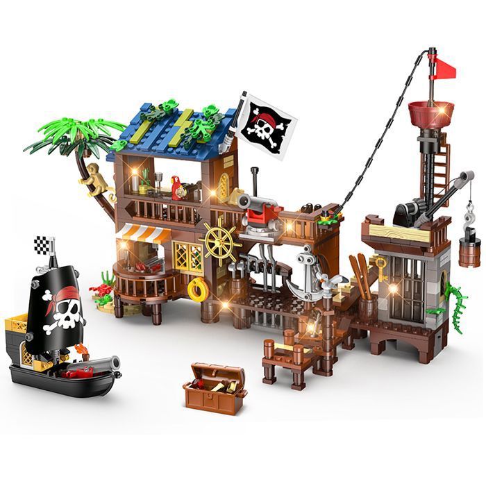 HOGOKIDS Jeu de Construction Pirate avec LED Port et Bateau Pirate à Construire Jouet STEM Créatif Cadeau Garçon 6-12 Ans