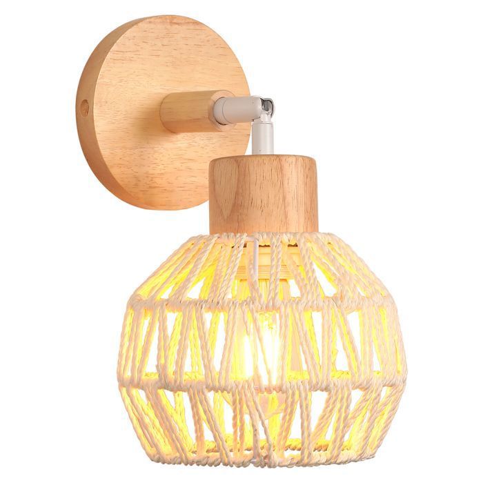 iDEGU Applique Murale Intérieur Vintage 15cm Lampe Murale Industriel en Bois Rotin Blanc Plafonnier Rétro Cage pour Salon Couloir