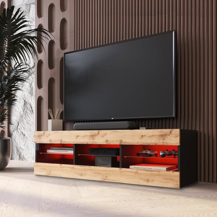 Meuble TV Tivoli RTV Komodee - LED RVB - Bois Naturel et Noir - Facades en Mat - 140 x 41 x 35 cm Meuble TV Tivoli RTV Komodee - LED RVB - Bois Naturel et Noir - Facades en Mat - 140 x 41 x 35 cm