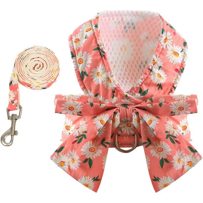 Ensemble harnais et laisse pour chien à motif floral avec nœud gilet anti-traction pour petits chiens doux et confortable rosem