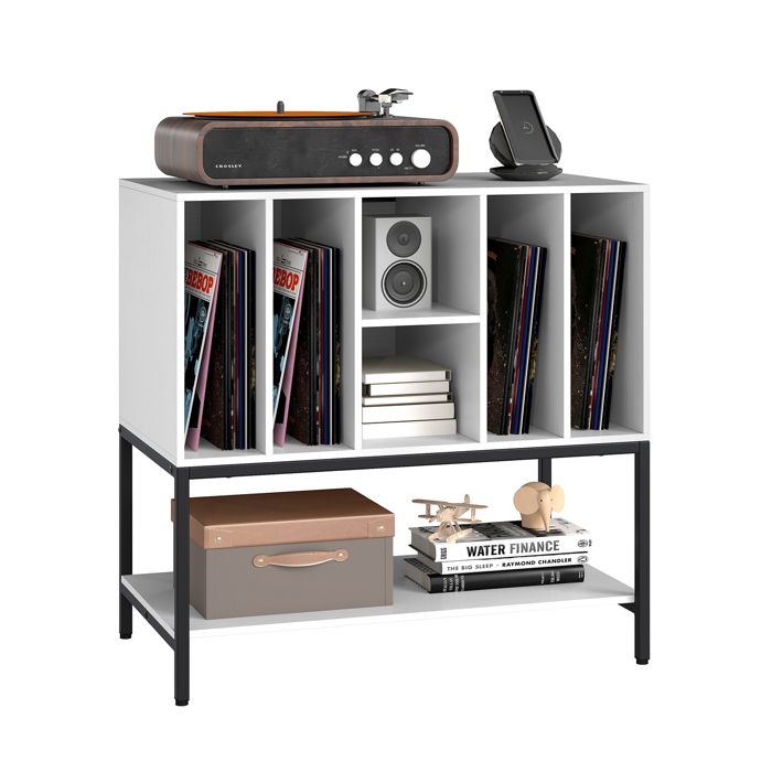 COSTWAY Support Tourne-Disque avec Prise Étagères 6 Compartiments CD/Album/Disque pour Salon Chambre 80x45x795cm Blanc