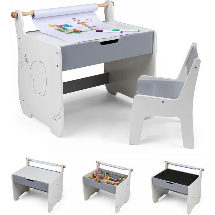 COSTWAY Table Enfant 3 en 1 et Chaise Plateau Amovible Rangement Porte-rouleau de Papier pour Crèche et Salle de Jeux Blanc+Gris COSTWAY Table Enfant 3 en 1 et Chaise Plateau Amovible Rangement Porte-rouleau de Papier pour Crèche et Salle de Jeux Blanc+Gris
